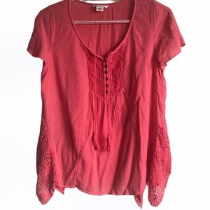 3 FOR $20 STYLE & CO. Crochet Trim Handkerchief Hem Aurora Coral Rose Blouse
